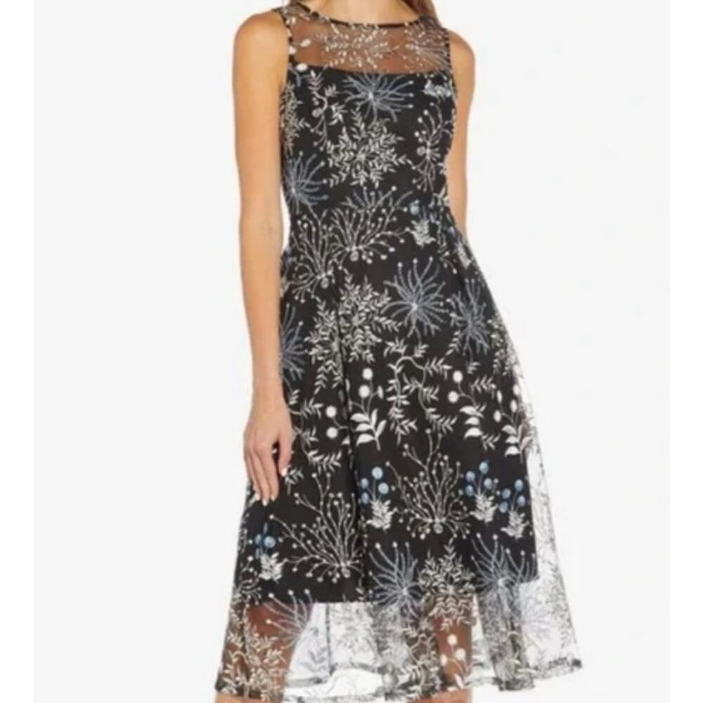 Adrianna Papell Embroidered Knit Fit & Flare Midi Dress Black Floral Size 10 NWT
